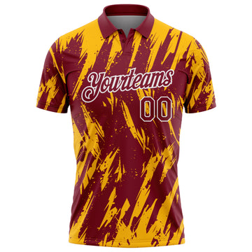 Custom Crimson Gold-White Torn Sharp Brush Stroke Splatter Performance Polo Shirt