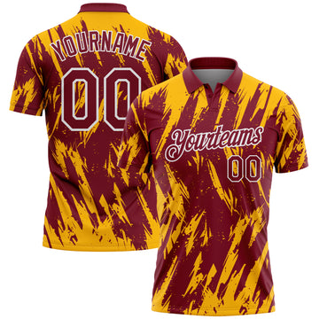 Custom Crimson Gold-White Torn Sharp Brush Stroke Splatter Performance Polo Shirt