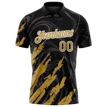 Custom Black Old Gold-White Brush Stroke Splatter Liquid Swirl Performance Polo Shirt