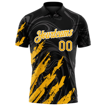Custom Black Gold-White Brush Stroke Splatter Liquid Swirl Performance Polo Shirt