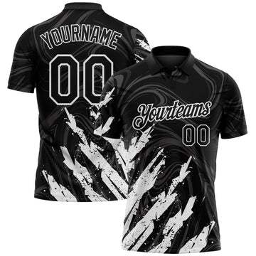 Custom Black-White Brush Stroke Splatter Liquid Swirl Performance Polo Shirt