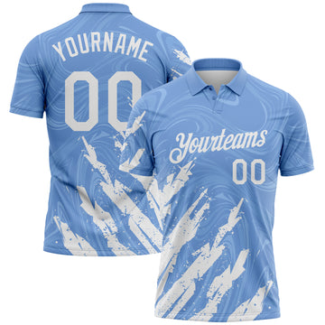Custom Light Blue-White Brush Stroke Splatter Liquid Swirl Performance Polo Shirt