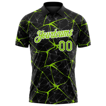 Custom Black Neon Green-White 3D Pattern Abstract Network Crackle Performance Polo Shirt