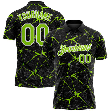 Custom Black Neon Green-White 3D Pattern Abstract Network Crackle Performance Polo Shirt