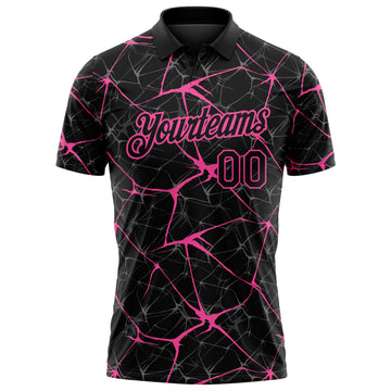 Custom Black-Pink 3D Pattern Abstract Network Crackle Performance Polo Shirt