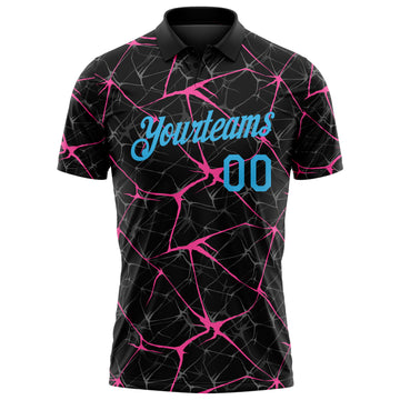 Custom Black Sky Blue-Pink 3D Pattern Abstract Network Crackle Performance Polo Shirt