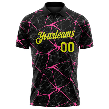 Custom Black Neon Yellow-Pink 3D Pattern Abstract Network Crackle Performance Polo Shirt
