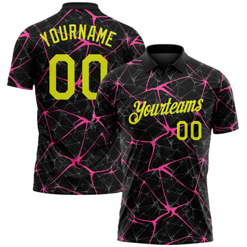 Custom Black Neon Yellow-Pink 3D Pattern Abstract Network Crackle Performance Polo Shirt
