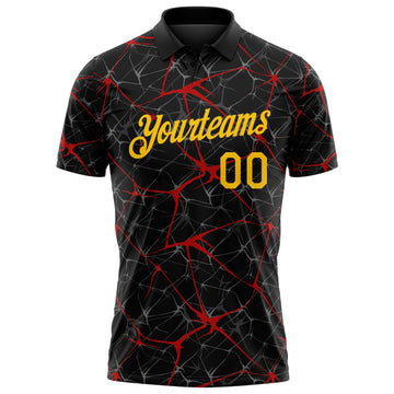 Custom Black Yellow-Red 3D Pattern Abstract Network Crackle Performance Polo Shirt