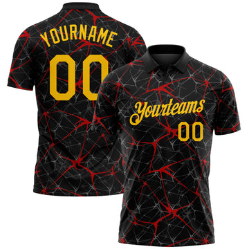 Custom Black Yellow-Red 3D Pattern Abstract Network Crackle Performance Polo Shirt