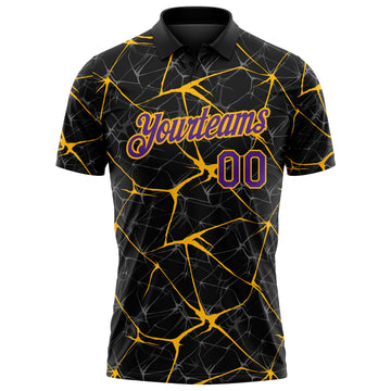 Custom Black Purple-Gold 3D Pattern Abstract Network Crackle Performance Polo Shirt