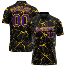 Laden Sie das Bild in den Galerie-Viewer, Custom Black Purple-Gold 3D Pattern Abstract Network Crackle Performance Polo Shirt
