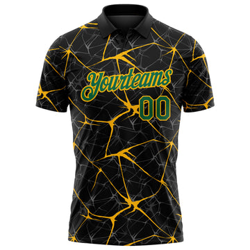 Custom Black Kelly Green-Gold 3D Pattern Abstract Network Crackle Performance Polo Shirt