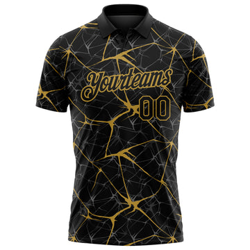 Custom Black-Old Gold 3D Pattern Abstract Network Crackle Performance Polo Shirt