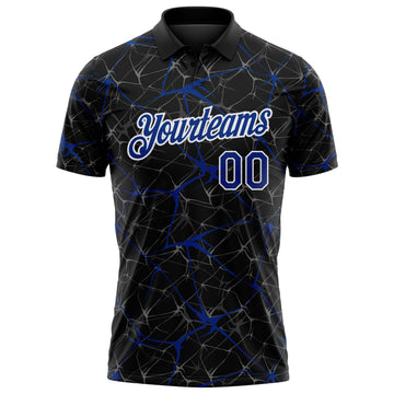 Custom Black Royal-White 3D Pattern Abstract Network Crackle Performance Polo Shirt