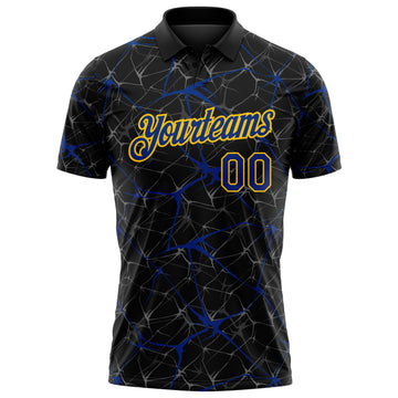 Custom Black Royal-Yellow 3D Pattern Abstract Network Crackle Performance Polo Shirt