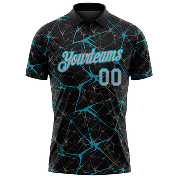 Custom Black Gray-Teal 3D Pattern Abstract Network Crackle Performance Polo Shirt
