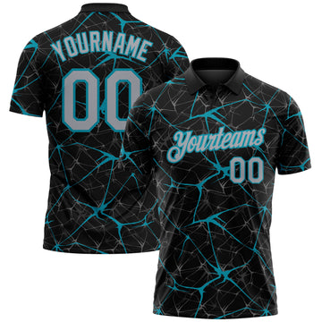 Custom Black Gray-Teal 3D Pattern Abstract Network Crackle Performance Polo Shirt