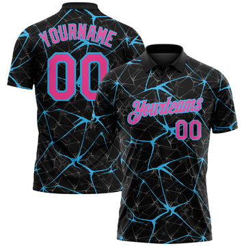 Custom Black Pink-Sky Blue 3D Pattern Abstract Network Crackle Performance Polo Shirt
