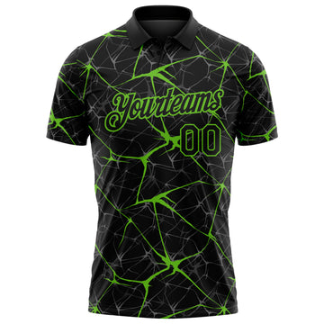 Custom Black-Aurora Green 3D Pattern Abstract Network Crackle Performance Polo Shirt