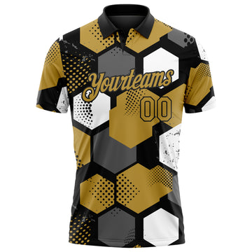 Custom Old Gold Black Gray-White Modern Geometric Tech Hexagon Grid Performance Polo Shirt