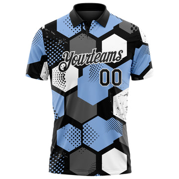 Custom Light Blue Black Gray-White Modern Geometric Tech Hexagon Grid Performance Polo Shirt