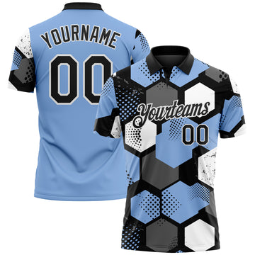 Custom Light Blue Black Gray-White Modern Geometric Tech Hexagon Grid Performance Polo Shirt