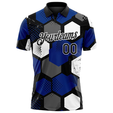 Custom Royal Black Gray-White Modern Geometric Tech Hexagon Grid Performance Polo Shirt