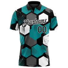 Load image into Gallery viewer, Custom Teal Black Gray-White Modern Geometric Tech Hexagon Grid Performance Polo Shirt
