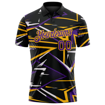 Custom Black Purple-Gold Dynamic Geometric Shard Performance Polo Shirt