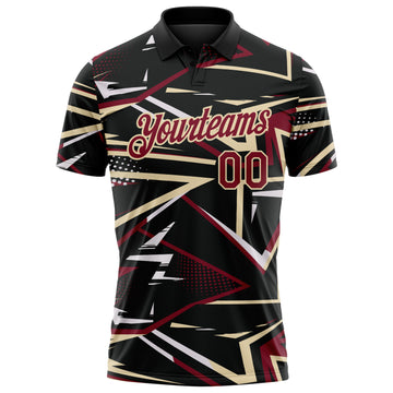 Custom Black Crimson-Cream Dynamic Geometric Shard Performance Polo Shirt