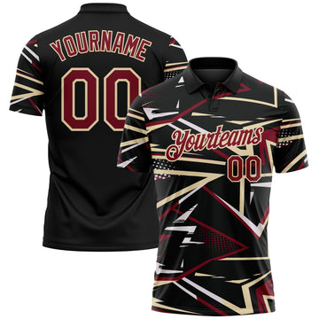 Custom Black Crimson-Cream Dynamic Geometric Shard Performance Polo Shirt
