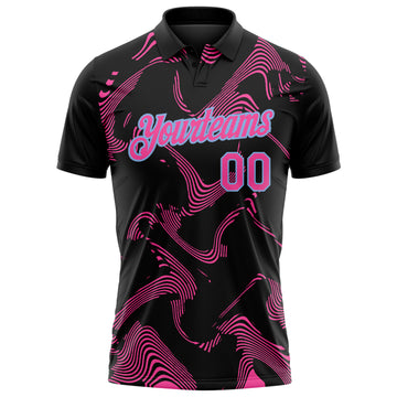 Custom Black Pink-Light Blue 3D Pattern Abstract Fluid Swirl Line Performance Polo Shirt