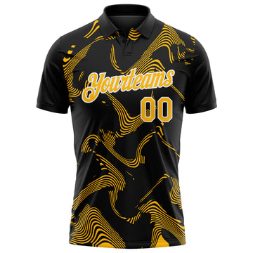 Custom Black Gold-White 3D Pattern Abstract Fluid Swirl Line Performance Polo Shirt