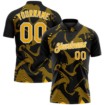 Custom Black Gold-White 3D Pattern Abstract Fluid Swirl Line Performance Polo Shirt