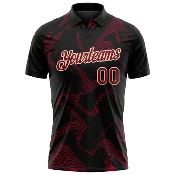 Custom Black Crimson-Cream 3D Pattern Abstract Fluid Swirl Line Performance Polo Shirt