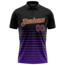 Laden Sie das Bild in den Galerie-Viewer, Custom Black Purple-Gold Horizontal Gradient Stripe Performance Polo Shirt

