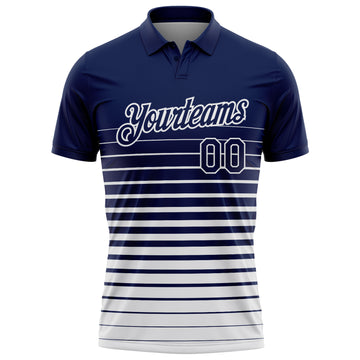 Custom Navy-White Horizontal Gradient Stripe Performance Polo Shirt