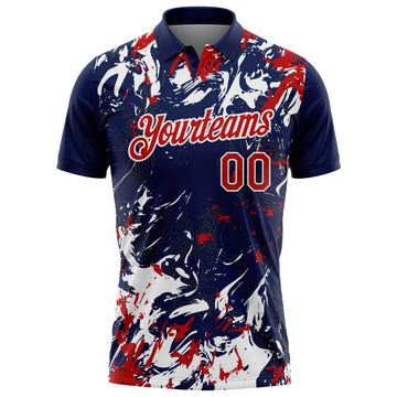 Custom Navy Red-White Dynamic Splatter Brush Stroke Performance Polo Shirt