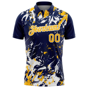 Custom Navy Gold-White Dynamic Splatter Brush Stroke Performance Polo Shirt