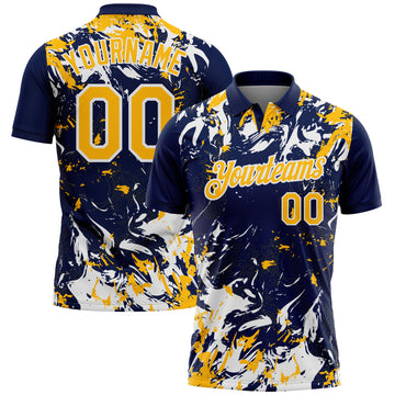 Custom Navy Gold-White Dynamic Splatter Brush Stroke Performance Polo Shirt