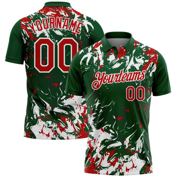 Custom Green Red-White Dynamic Splatter Brush Stroke Performance Polo Shirt