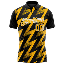 Load image into Gallery viewer, Custom Black Gold-White Geometric Zigzag Shape Lightning Performance Polo Shirt
