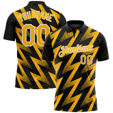 Custom Black Gold-White Geometric Zigzag Shape Lightning Performance Polo Shirt