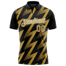 Laden Sie das Bild in den Galerie-Viewer, Custom Black Old Gold-White Geometric Zigzag Shape Lightning Performance Polo Shirt
