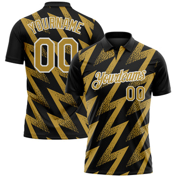 Custom Black Old Gold-White Geometric Zigzag Shape Lightning Performance Polo Shirt