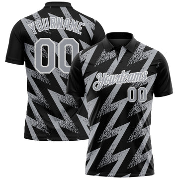 Custom Black Gray-White Geometric Zigzag Shape Lightning Performance Polo Shirt