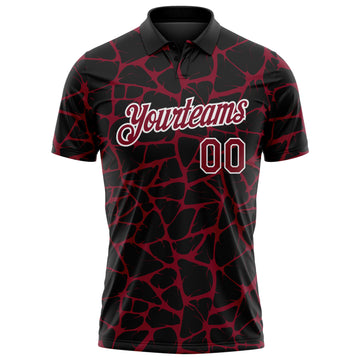 Custom Black Crimson-White 3D Pattern Abstract Network Crackle Performance Polo Shirt