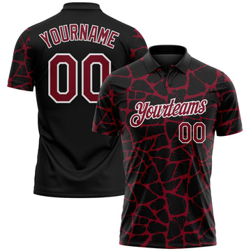 Custom Black Crimson-White 3D Pattern Abstract Network Crackle Performance Polo Shirt