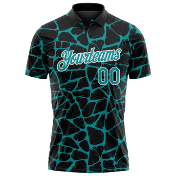 Custom Black Teal-White 3D Pattern Abstract Network Crackle Performance Polo Shirt